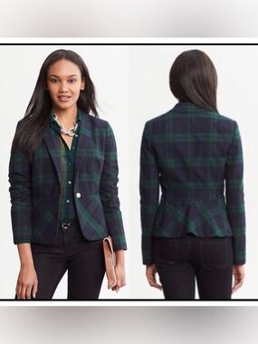 Banana Republic Green Navy Plaid Blazer Tailored Preppy Chic